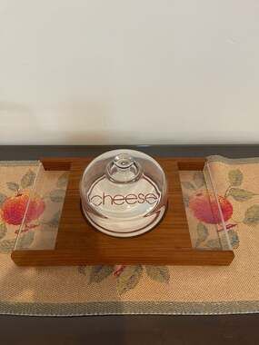 Vintage Goodwood Genuine Teak Cheese Tray with Glass Cloche Dome
